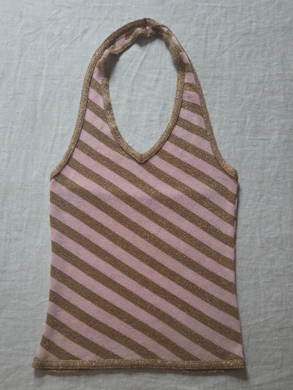 Y2K Pink Metallic Gold Striped Knit Halter Top